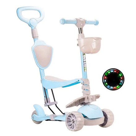 Самокат 3-колесный с сидением и родительской ручкой, колеса с подсветкой голубой (HS2017BL)