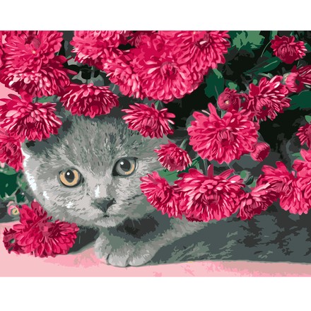 Картина для малювання за номерами Стратег Сірий кіт в квітах 40х50см (VA-0586)