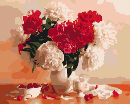 Картина для рисования по номерам Brushme Красно-белые пионы и вишни 40х50см (BS8082)