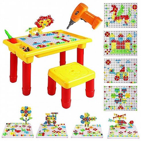 Детская развивающая мозаика-конструктор c шуруповертом и столом, 263 деталей (672A)