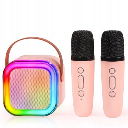 Портативная музыкальная колонка-караоке Colorful Speaker 2 микрофона RGB-свет, розовая (K12-PN)