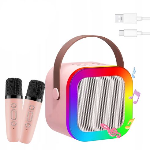 Портативная музыкальная колонка-караоке Colorful Speaker 2 микрофона RGB-свет, розовая (K12-PN)