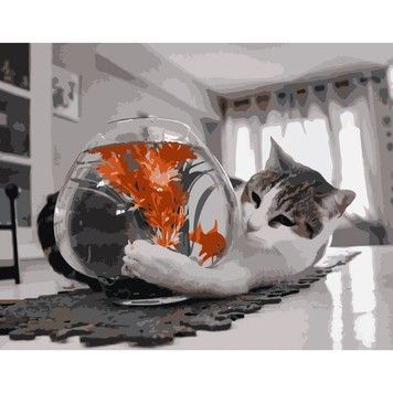 Картина-розмальовка за номерами Strateg Кіт та акваріум 40х50 (DY064)