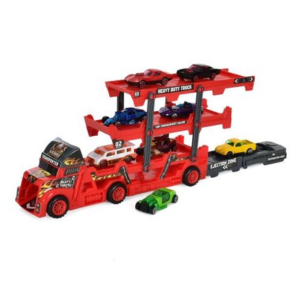 Іграшковий трейлер-автовоз з машинками і динозаврами і дорожними знаками (K180A91)
