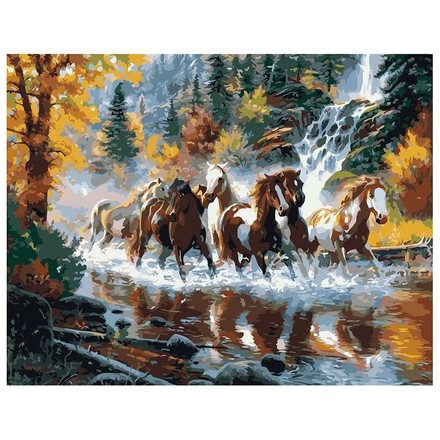 Картина для рисования по номерам Стратег Лошади мчатся по воде в осеннем лесу 40х50см (VA-1605)
