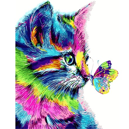 Картина по номерам Strateg Цветной кот с бабочкой 40х50 с лаком и уровнем (VA-2148)