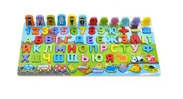Дерев'яна іграшка Limo Toy багатофункціональна дощечка розвиваюча з буквами цифрами та фігурками (MD1927)