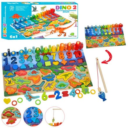 Дерев'яна іграшка Limo Toy багатофункціональна дощечка Dino 2 розвиваюча з фігурками динозаврів і цифрами та кільцями (MD1649)
