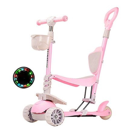Самокат 3-колесный с сидением и родительской ручкой, колеса с подсветкой розовый (HS2017PN)