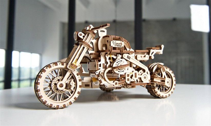 Механический 3D пазл UGEARS Мотоцикл Scrambler с коляской UGR-10 (70137)