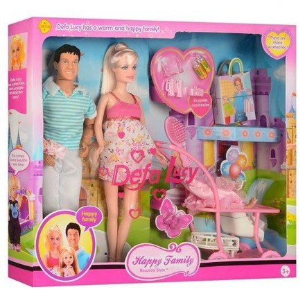 Кукла DEFA Lucy семья коляска, аксессуары розовая 30 см (8088PNS)